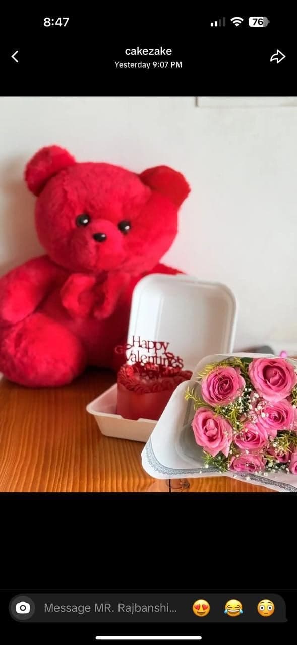 Vanilla bento with 10pcs fresh pink rose and cute red teddy – CakeZake