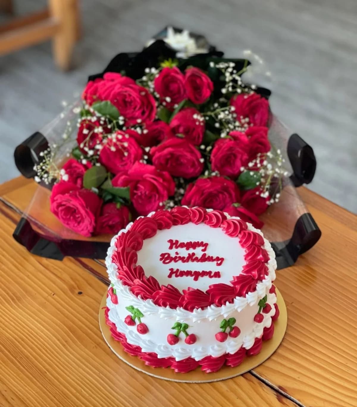 Cherry Themed Birthday Cake & Flower Bouquet – CakeZake