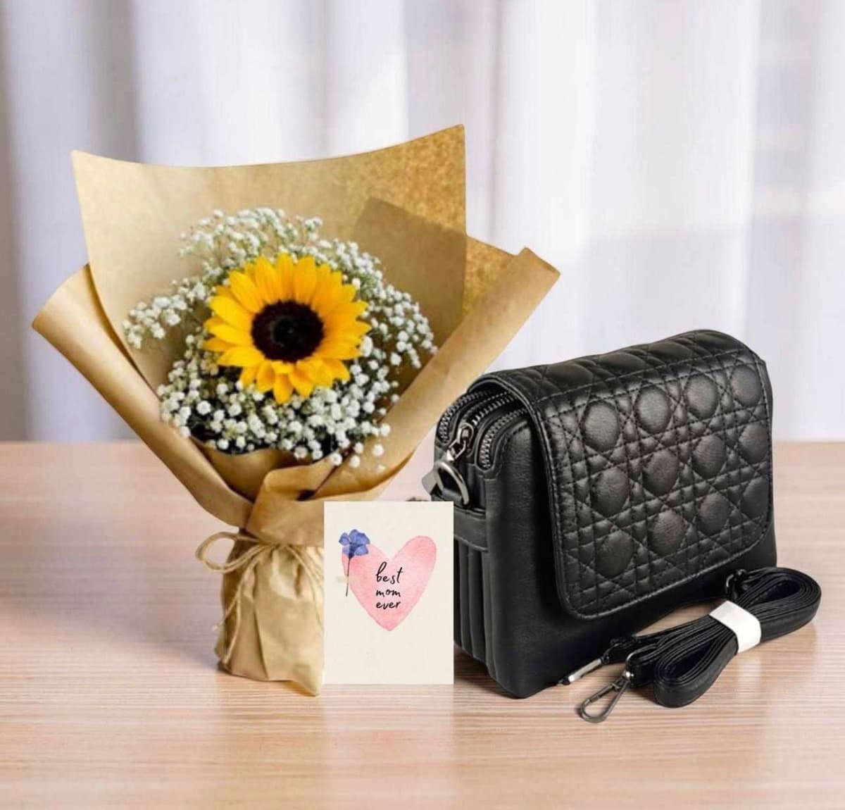 Classic Elegance Gift Set – Quilted Handbag & Sunflower Bouquet – CakeZake