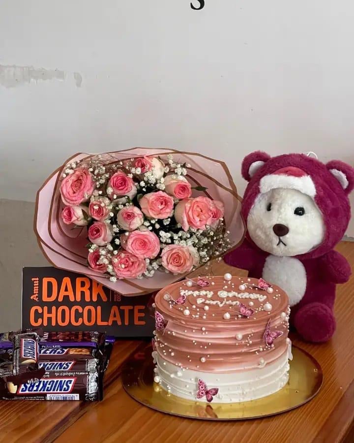 Premium Birthday combo package  Cake 2 pound vanilla 15pcs pink fresh rose bouquet  Cute teddy  Premium Chocolate – CakeZake
