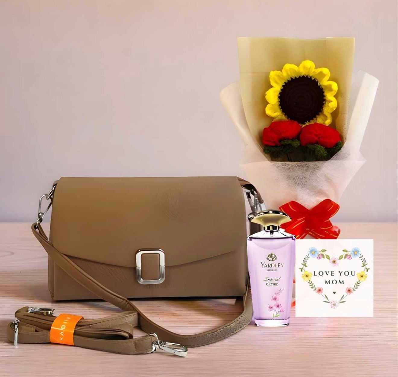 Elegant Mother’s Love Gift Set – Handbag, Perfume & Floral Surprise – CakeZake