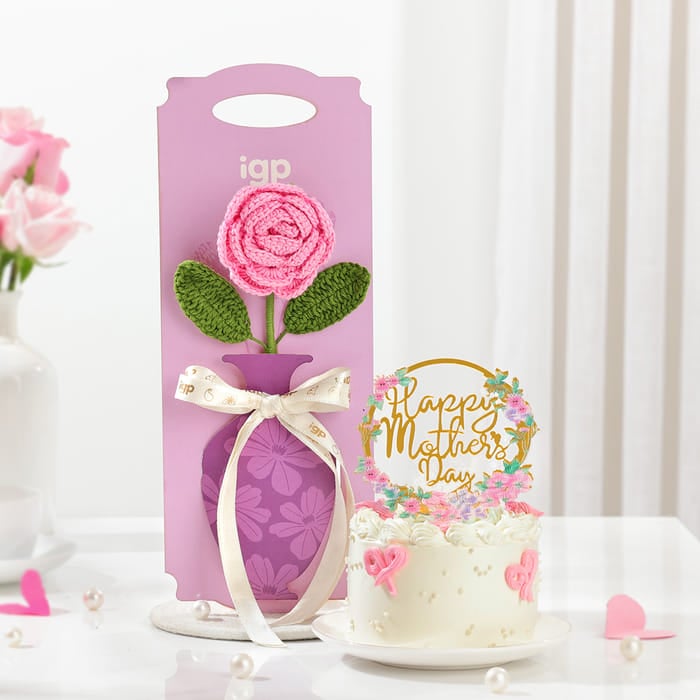 Mothers Day Cake with Croscet Flower single rose – CakeZake