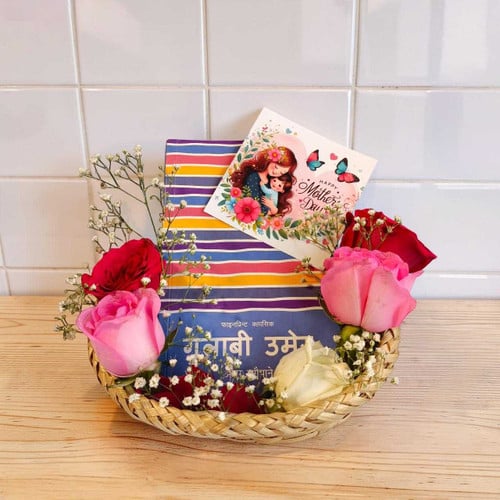 Mother’s Day Special Roses, Card & Book Gift Basket – CakeZake Nepal