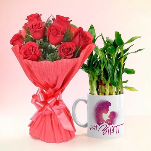 Red Rose Bouquet & मेरी आमा Mug With Bamboo Plant – CakeZake Nepal