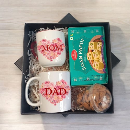 Sweet & Crunchy Gift for Mom & Dad: Ceramic Mug, Soan Papdi & Almonds – CakeZake Nepal