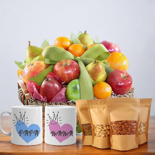 Mom and Dad Gift with Fruits, Dry Nuts and Mugs – CakeZake Nepal