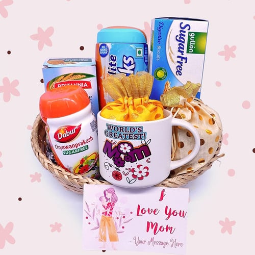 "I Love You Mom" Printed Greeting Card With Mug & Basket full Of Snacks – CakeZake Nepal