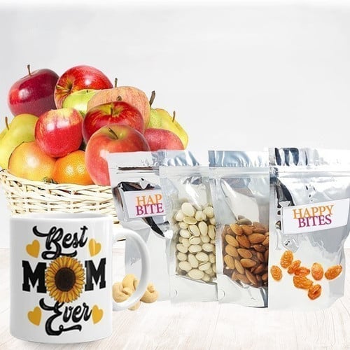 Dry Nuts Pouch, Mixed Fruit Basket and Mug For Best Mom Ever – CakeZake Nepal