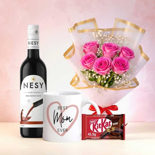 Mother’s Day Special Gift Set with Wine, Chocolate & Rose Bouquet – CakeZake Nepal
