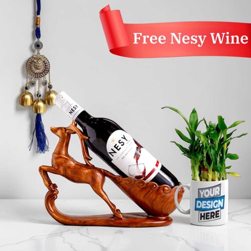 Free Red Wine & Bamboo Plant Gift Set with Holder & Wind Chime – CakeZake Nepal