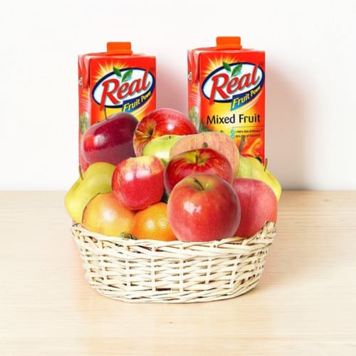 Fruit Round Basket and Two  Real Fruit Juice – CakeZake